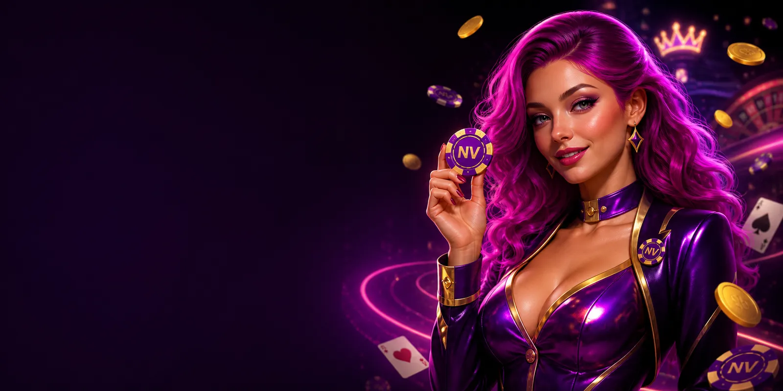 Glamorous casino hostess in 3D style with neon lighting, holding branded chips, on a sleek gradient background.